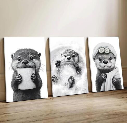 3Pcs Cute Otter Canvas Wall Art Funny Bathroom Paintings Pictures Wall Decor Black And White Animal Poster Printing Artwork for Home Farmhouse Toilet Lavatory Bathroom Restroom Home Decoration in Saudi Arabia