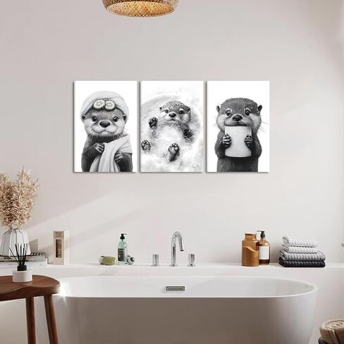 3Pcs Cute Otter Canvas Wall Art Funny Bathroom Paintings Pictures Wall Decor Black And White Animal Poster Printing Artwork for Home Farmhouse Toilet Lavatory Bathroom Restroom Home Decoration in Saudi Arabia