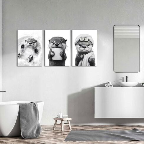 3Pcs Cute Otter Canvas Wall Art Funny Bathroom Paintings Pictures Wall Decor Black And White Animal Poster Printing Artwork for Home Farmhouse Toilet Lavatory Bathroom Restroom Home Decoration in Saudi Arabia