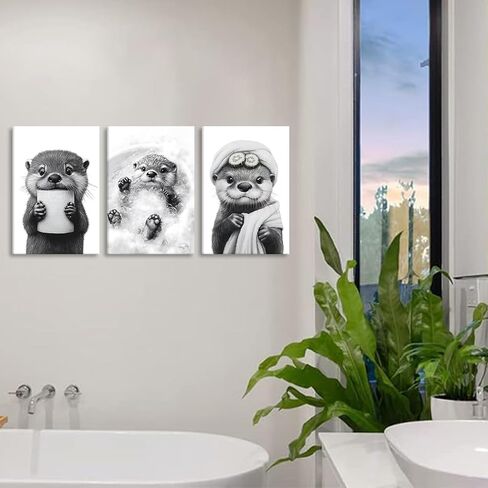 3Pcs Cute Otter Canvas Wall Art Funny Bathroom Paintings Pictures Wall Decor Black And White Animal Poster Printing Artwork for Home Farmhouse Toilet Lavatory Bathroom Restroom Home Decoration in Saudi Arabia