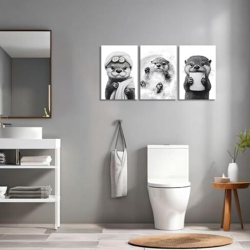 3Pcs Cute Otter Canvas Wall Art Funny Bathroom Paintings Pictures Wall Decor Black And White Animal Poster Printing Artwork for Home Farmhouse Toilet Lavatory Bathroom Restroom Home Decoration in Saudi Arabia
