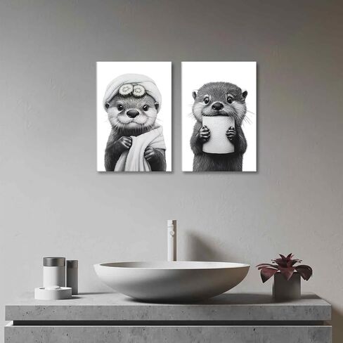 3Pcs Cute Otter Canvas Wall Art Funny Bathroom Paintings Pictures Wall Decor Black And White Animal Poster Printing Artwork for Home Farmhouse Toilet Lavatory Bathroom Restroom Home Decoration in Saudi Arabia