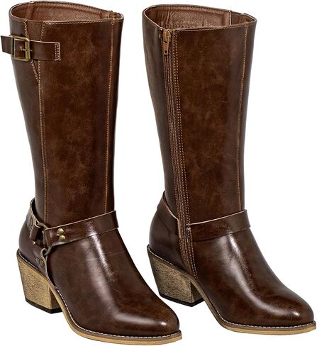 SheSole Extra Wide Calf Boots for Women - Cowboy Boots with Side Zipper & Buckle Strap Design | Chunky Heel & Almond Toe for Style - Walk Confidently in Comfort in Saudi Arabia