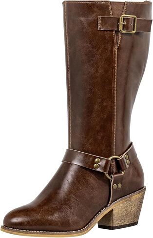 SheSole Extra Wide Calf Boots for Women - Cowboy Boots with Side Zipper & Buckle Strap Design | Chunky Heel & Almond Toe for Style - Walk Confidently in Comfort in Saudi Arabia
