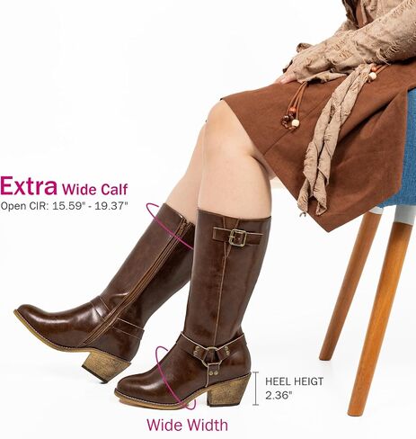 SheSole Extra Wide Calf Boots for Women - Cowboy Boots with Side Zipper & Buckle Strap Design | Chunky Heel & Almond Toe for Style - Walk Confidently in Comfort in Saudi Arabia