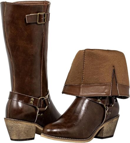 SheSole Extra Wide Calf Boots for Women - Cowboy Boots with Side Zipper & Buckle Strap Design | Chunky Heel & Almond Toe for Style - Walk Confidently in Comfort in Saudi Arabia