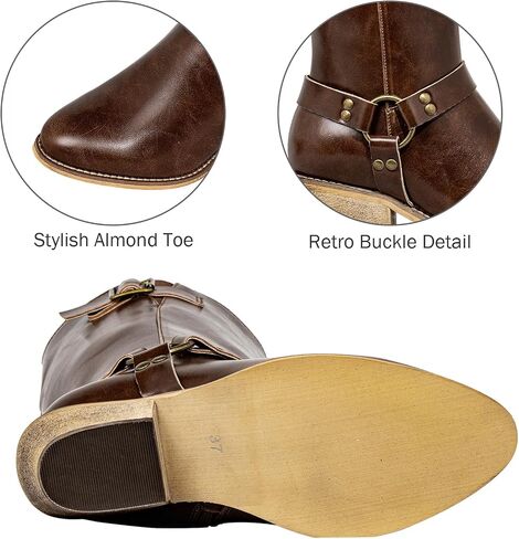 SheSole Extra Wide Calf Boots for Women - Cowboy Boots with Side Zipper & Buckle Strap Design | Chunky Heel & Almond Toe for Style - Walk Confidently in Comfort in Saudi Arabia