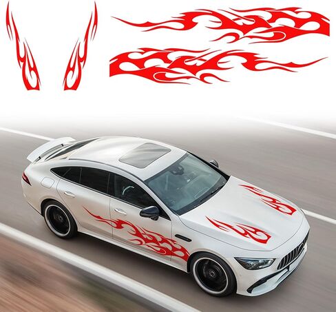 RUIANTE 4PCS Universal Racing Body Side Stripe Skirt Decals, Auto Hood & Sides Door Decoration Flame Pattern Graphics Vinyl Sticker for Cars, SUVs, Sedan (Red) in Kuwait