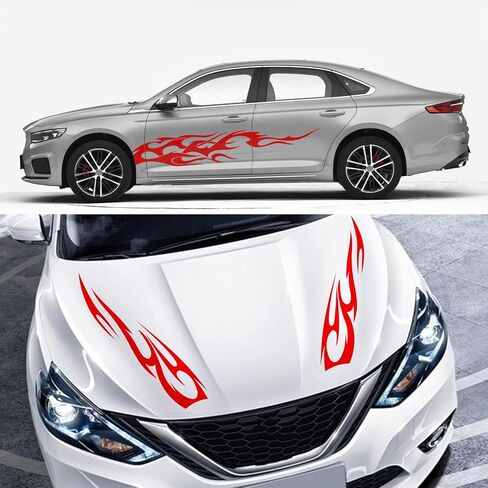 RUIANTE 4PCS Universal Racing Body Side Stripe Skirt Decals, Auto Hood & Sides Door Decoration Flame Pattern Graphics Vinyl Sticker for Cars, SUVs, Sedan (Red) in Kuwait