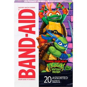 Band-Aid Brand Adhesive First Aid Bandages for Minor Cuts & Scrapes, Wound Care Featuring Nickelodeon TMNT Characters, Fun Bandages for Kids & Toddlers, Sterile, Assorted Sizes, 20 Ct