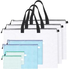 Swpeet 7Pcs 3 Sizes A3 A5 19 x 25 Inch Storage Bag Art Portfolio Bags with Zipper and Handle Assortment Kit, Mesh Folder Organizers Art Portfolio Bags Posters Storage BagTransparent Bag