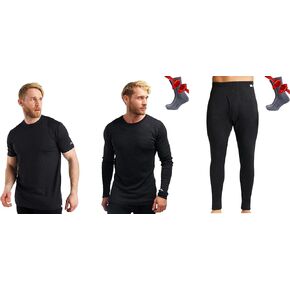 Merino Wool Base Layer Mens Set - Lightweight Undershirt, Midweight Thermal Underwear Top, Bottom + Wool Socks