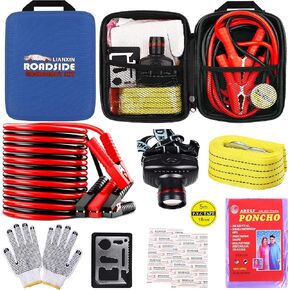 LIANXIN Car Roadside Emergency Kit, with Jumper Cables Automotive Kit,Car Safety Roadside Assistance Kit Headlamp,Tow Straps, Safety Hammers, Rainwear, Gloves.Black