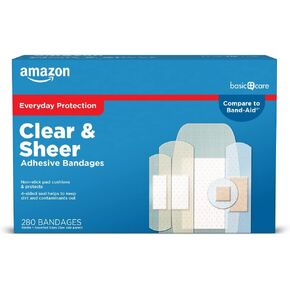 Amazon Basic Care Sheer and Clear Adhesive Bandages Family Variety Pack, First Aid and Wound Care Supplies, Assorted Sizes, 280 Count