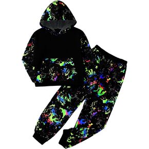 Floerns Boys 2 Piece Outfit Reflective Ink Splatter Long Sleeve Hoodie With Sweatpants Set