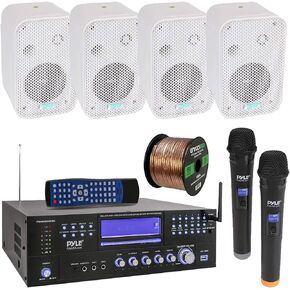 Pyle 3000W Bluetooth USB Home Theater Preamp AM/FM Stereo Receiver System with 2 Wireless Mics - Bundle Combo with 4x 3.5" 300W Indoor/Outdoor White Waterproof Speakers, 16 Gauge 50 Feet Speaker Wire