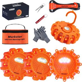 4-6-12 Pack LED Road Flares Emergency Car Kit 9 Flash Amber Roadside Emergency Flares Beacon For Vehicle 4 Beacons Disc Pack With A Whistle,Glove,Hammer (No Battery) (4 Pack)