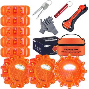 4-6-12 Pack LED Road Flares Emergency Car Kit 9 Flash Amber Roadside Emergency Flares Beacon For Vehicle 4 Beacons Disc Pack With A Whistle,Glove,Hammer (No Battery) (4 Pack)
