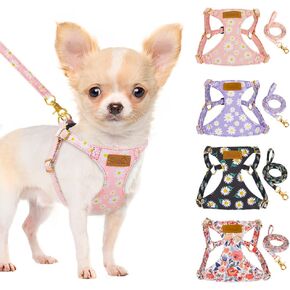 SlowTon No Pull Dog Harness with Leash - Soft Lightweight Floral Pattern Puppy Harness, Adjustable Pet Harness for Small Medium Dogs (Flower XXS)