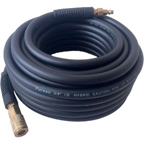 Air Hose 3/8 in x 100 ft, Heavy Duty, Lightweight, Kink Resistant, Hybrid Air Compressor Hose with 1/4 in Solid Brass Male Fittings, Bend Restrictors, 300 PSI (100FT, Black)