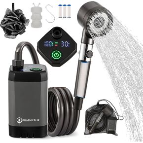 Upgrade Portable Camping Shower, 6000mAh Rechargeable Electric Shower Pump with Intelligent Digital Display Multiple Spray Modes Filtered Shower Head with Handheld for Outdoor Hiking, Travel