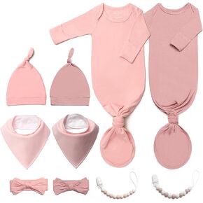 2PK Ultra Soft Knotted Newborn Sleep Gown for Baby Girls Boy- Coming Home Hospital Outfit with Hat, Bow, Clip & Drool Bib Set