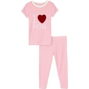 KicKee Two-Piece Applique Pajama Set with Short Sleeves, I Love Mom Pajamas