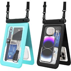 Large Waterproof Phone Pouch,Double Space [9.8",IPX8,2 Pack] Waterproof Phone Case with Adjustable Lanyard Phone Dry 2 Bags for iPhone 14 13 12 Pro Max Galaxy S22 21 20 Plus (Black/Green)