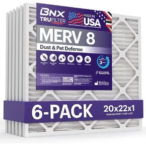 فلتر هواء BNX TruFilter 20x25x1 MERV 8 (6 عبوات) - صُنع في الولايات المتحدة الأمريكية - مكيف هواء مطوي كهربائيًا ضد الغبار والحيوانات الأليفة، مرشحات فرن HVAC للغبار والحيوانات الأليفة والعفن وحبوب اللقاح MPR 600 - 700 وFPR 5