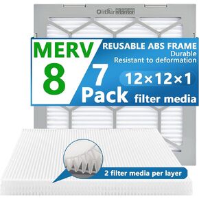 فلتر هواء 20x20x1 MERV 8، فلتر هواء فرن التيار المتردد، إطار بلاستيك ABS قابل لإعادة الاستخدام، 7 عبوات وسائط فلتر قابلة للاستبدال (الحجم الفعلي: 19 3/4 بوصة × 19 3/4 بوصة × 3/4 بوصة)