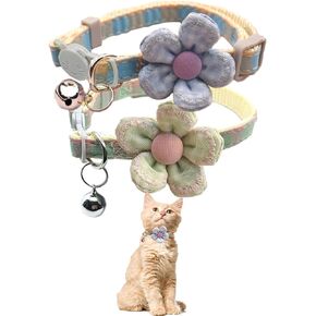 Plaid Kitten Collar with Flower，Cat Collar Breakaway with Bell，Cat Collars for Girl Cats，Adjustable 7 to 12.6 inches for Small and Medium Pets (Green & Blue)