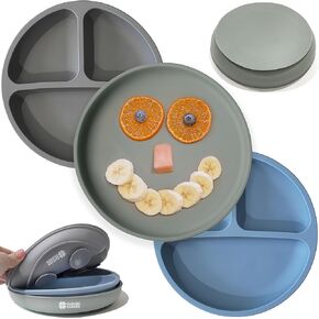 Suction Plates for Babies & Toddlers -100% Food-Grade Silicone, Baby Led Weaning Supplies, Microwave & Dishwasher Safe, 2 Divided Design & 1 Classic Design Plates (3 Pack)