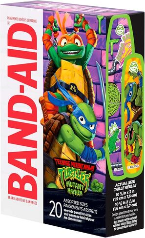 Band-Aid Brand Adhesive First Aid Bandages for Minor Cuts & Scrapes, Wound Care Featuring Nickelodeon TMNT Characters, Fun Bandages for Kids & Toddlers, Sterile, Assorted Sizes, 20 Ct in Saudi Arabia