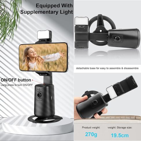New Upgraded Auto Face Tracking Tripod with Fill Light, 360° Rotation Auto Face Tracking Phone Holder, No App, AI Gesture Control, Smart Phone Moving Tripod for Shooting Video, Live Vlog in Saudi Arabia