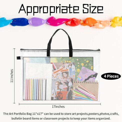 4 Pieces Art Portfolio Bag 11"x17" Poster Storage Bag With Handle and Zipper Clear Art Carrier Portfolio Case Artwork Portfolio Folder Waterproof Portfolio Organizer for Pictures Painting Scrapbook in Saudi Arabia