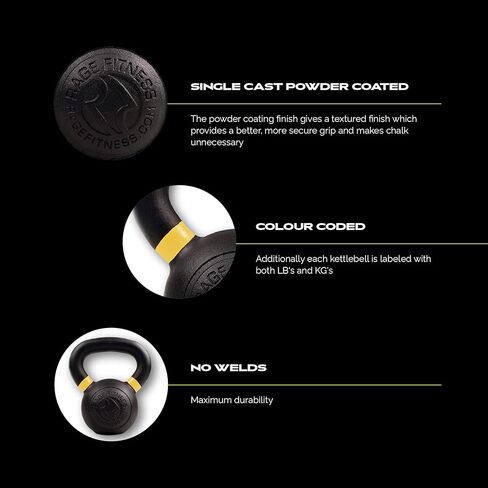 أجراس كيتل بيل المغلفة بمسحوق لتدريب القوة، (4 كجم، 6 كجم، 8 كجم، 10 كجم، 12 كجم، 16 كجم، 20 كجم - تباع بشكل فردي)، التكييف وتدريبات كروس فيت، علامات الجنيه والكيلوجرام، مرمزة بالألوان in Kuwait