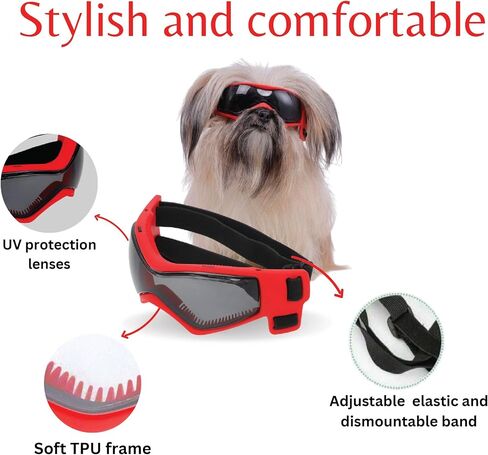 SHAMR Dog Sunglasses Dog Goggles Doggles UV Eye Protection Dog Glasses for Small to Medium Breed, Dust and Water Proof with Soft Frame (Red) in Saudi Arabia