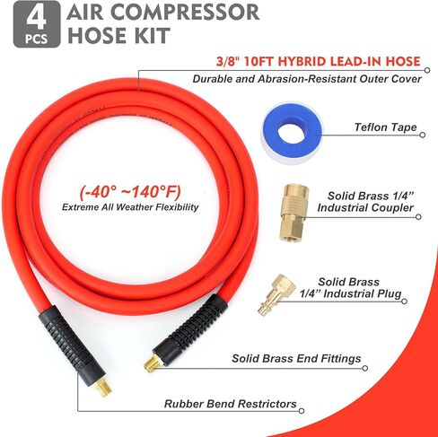 Air Compressor Whip Hose 3/8 Inch x 10 Feet Lead in Hybrid Hose with Fittings, Flexible and Kink Resistant, 1/4" Industrial Quick Coupler and Plug Kit - Red in Saudi Arabia