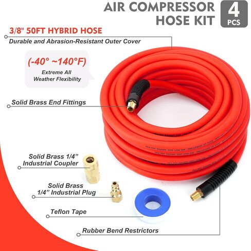 Air Compressor Whip Hose 3/8 Inch x 10 Feet Lead in Hybrid Hose with Fittings, Flexible and Kink Resistant, 1/4" Industrial Quick Coupler and Plug Kit - Red in Saudi Arabia