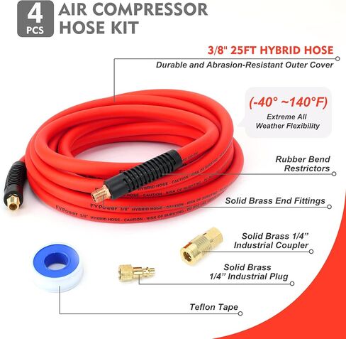 Air Compressor Whip Hose 3/8 Inch x 10 Feet Lead in Hybrid Hose with Fittings, Flexible and Kink Resistant, 1/4" Industrial Quick Coupler and Plug Kit - Red in Saudi Arabia