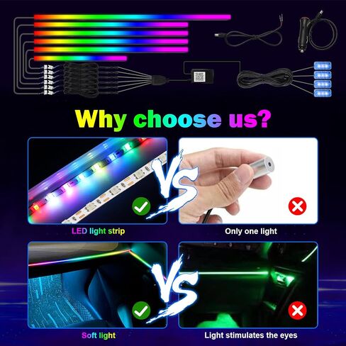أضواء السيارة الداخلية WEBUPAR Dreamcolor، ملحقات السيارة 6 في 1 أضواء شريط LED للسيارة مع التحكم في التطبيق و213 وضعًا للألوان، مصابيح تزيين السيارة لإكسسوارات السيارات، مجموعات الإضاءة المحيطة بالسيارة النيون in Kuwait
