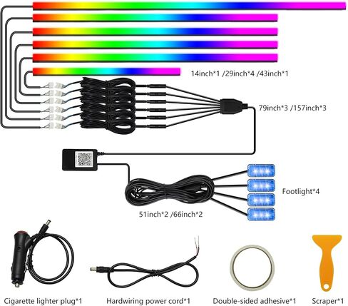 أضواء السيارة الداخلية WEBUPAR Dreamcolor، ملحقات السيارة 6 في 1 أضواء شريط LED للسيارة مع التحكم في التطبيق و213 وضعًا للألوان، مصابيح تزيين السيارة لإكسسوارات السيارات، مجموعات الإضاءة المحيطة بالسيارة النيون in Kuwait