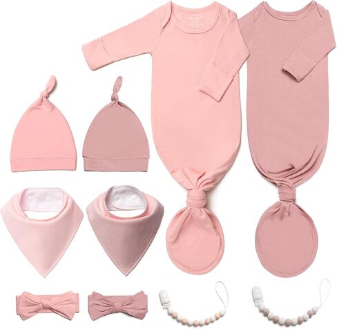 2PK Ultra Soft Knotted Newborn Sleep Gown for Baby Girls Boy- Coming Home Hospital Outfit with Hat, Bow, Clip & Drool Bib Set in Kuwait