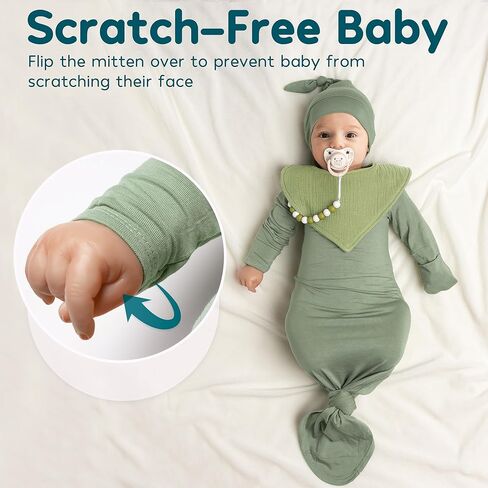 ثوب نوم حديث الولادة معقود فائق النعومة من قطعتين للفتيات الصغيرات والأولاد - ملابس المستشفى القادمة إلى المنزل مع قبعة وفيونكة ومشبك ومريلة لعاب in Kuwait