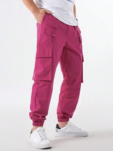OYOANGLE Men's Drawstring Waist Flap Pocket Jogger Cargo Pants Streetwear Long Trousers with Pocket in Kuwait