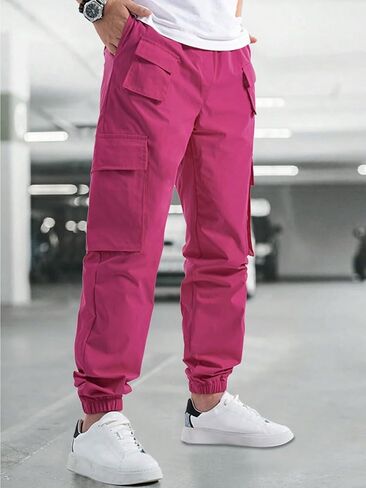 OYOANGLE Men's Drawstring Waist Flap Pocket Jogger Cargo Pants Streetwear Long Trousers with Pocket in Kuwait