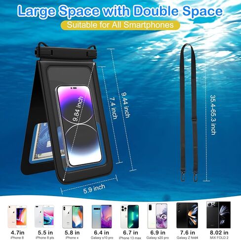 حقيبة هاتف كبيرة مقاومة للماء، مساحة مزدوجة [9.8"، IPX8,2 Pack] حافظة هاتف مقاومة للماء مع حبل قابل للتعديل للهاتف الجاف وحقيبتين لهاتف iPhone 14 13 12 Pro Max Galaxy S22 21 20 Plus (أسود/أخضر) in Saudi Arabia