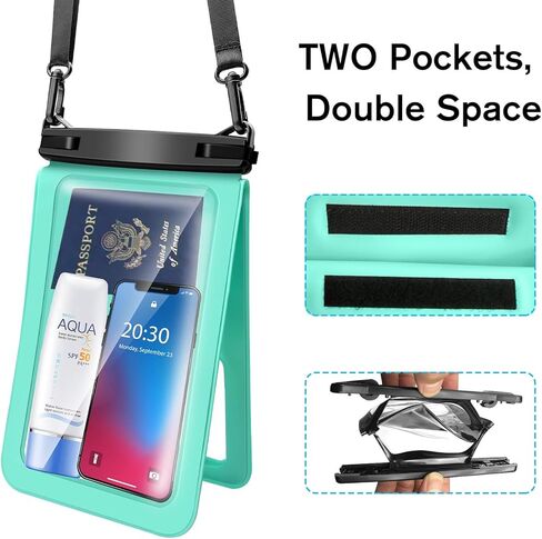 حقيبة هاتف كبيرة مقاومة للماء، مساحة مزدوجة [9.8"، IPX8,2 Pack] حافظة هاتف مقاومة للماء مع حبل قابل للتعديل للهاتف الجاف وحقيبتين لهاتف iPhone 14 13 12 Pro Max Galaxy S22 21 20 Plus (أسود/أخضر) in Saudi Arabia