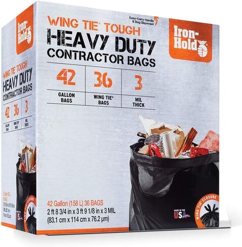 Iron-Hold-1416607 42 Gallon 3 mil Wing Tie Black Heavy Duty Trash Bag 36ct in Saudi Arabia