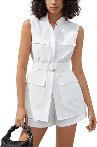 Verdusa Women's 2 Piece Outfits Sleeveless Button Down Belted Top and Shorts Set in Saudi Arabia